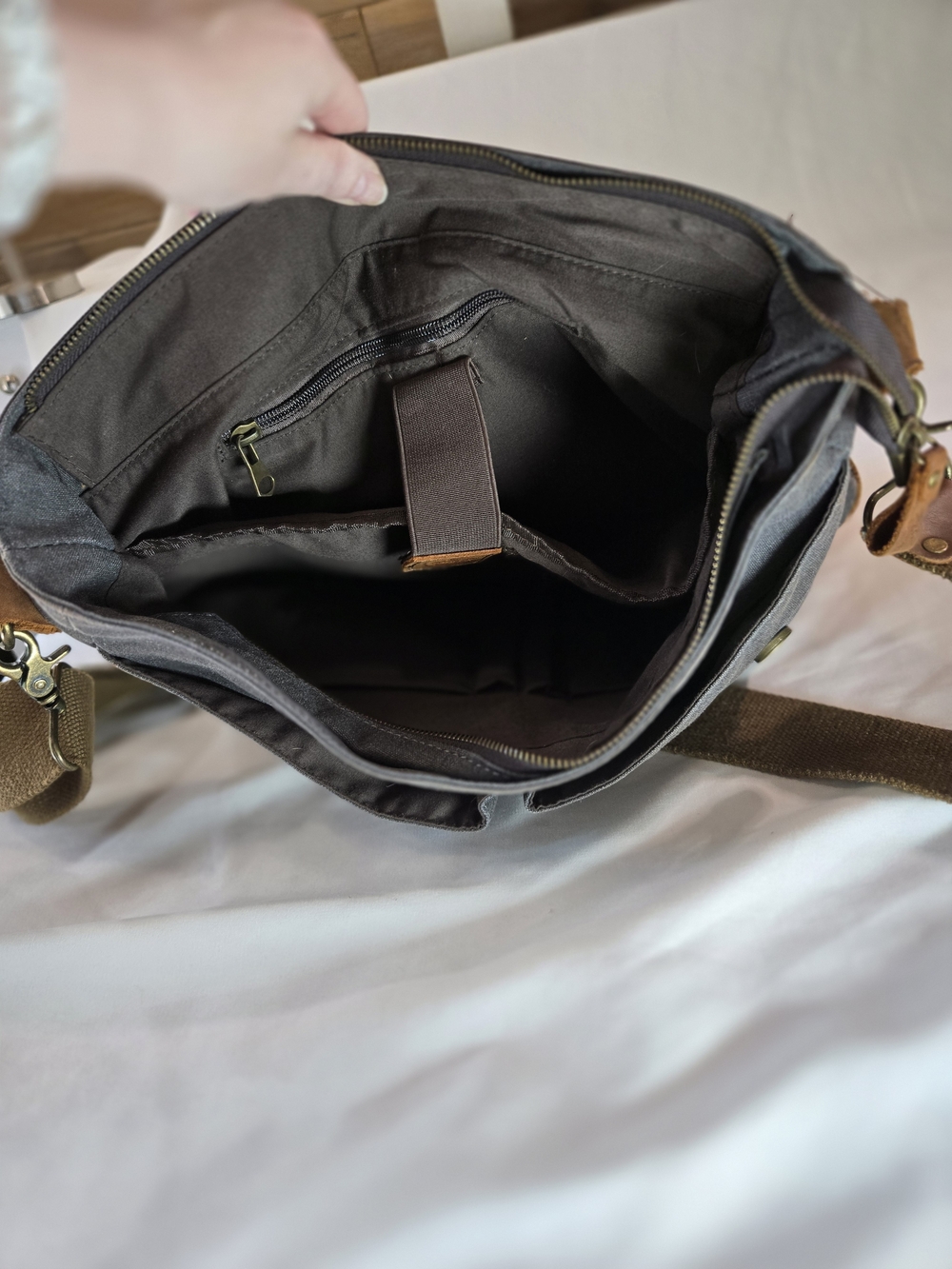 Leather-Trim Canvas Messenger Bag for Men - Brown & Gray - Picture 10 of 16